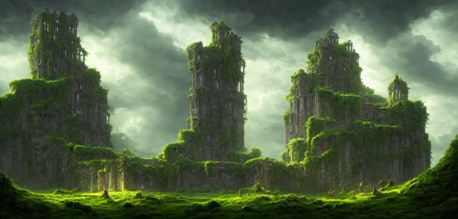 Prompt: giant ancient castle in an forest with some ivy plants on the walls, cinematic, epic, dramatic lighting, cinematic view, epic sky, detailed, concept art, low angle, high detail, warm lighting, volumetric, godrays, vivid, beautiful, trending on artstation, by jordan grimmer, huge scene, grass, art greg rutkowski