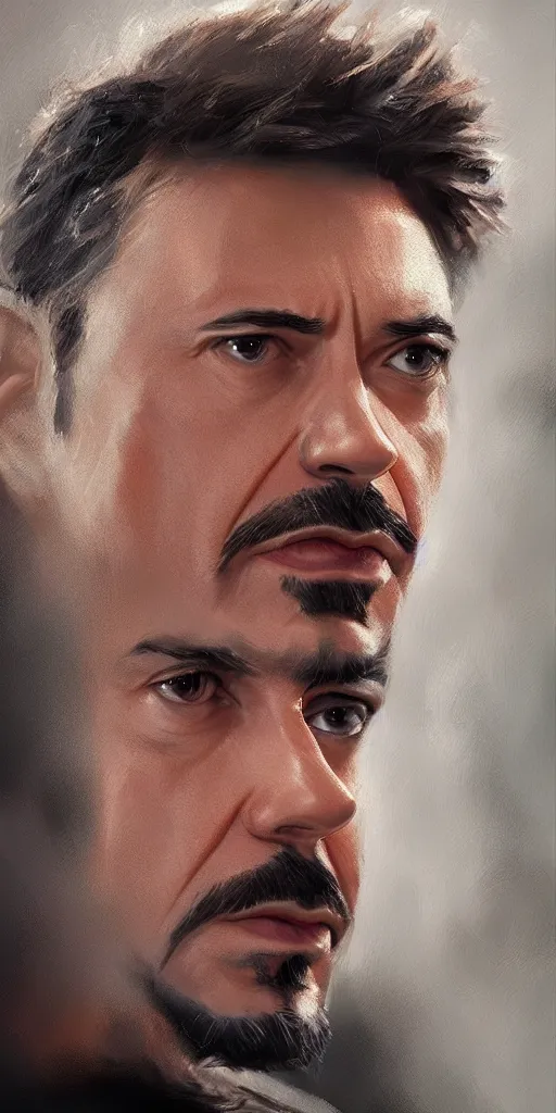 Image similar to concept art of tony stark, head and shoulders shot, cinematic shot, oil painting by jama jurabaev, extremely detailed, brush hard, artstation, high quality, brush stroke