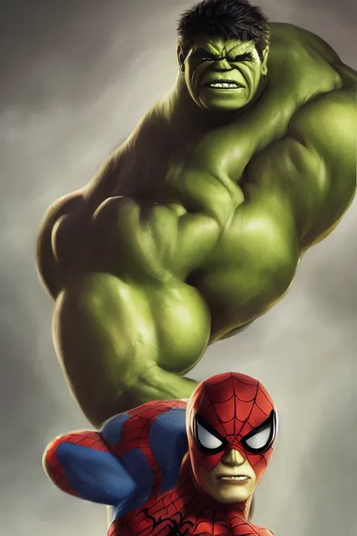 Image similar to characters portrait of Hulk mixed with Spiderman by ArtGerm and Tom Bagshaw, merged character, Full body shot, cinematic opening shot, 4k, highly detailed, cinematic lighting