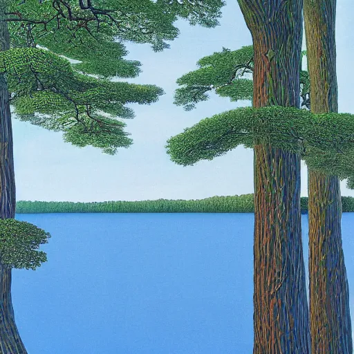 Image similar to escher painting of a lake, big trees reflecting on lake surface, ultra sharp, ultra detailed, colorized by salvador