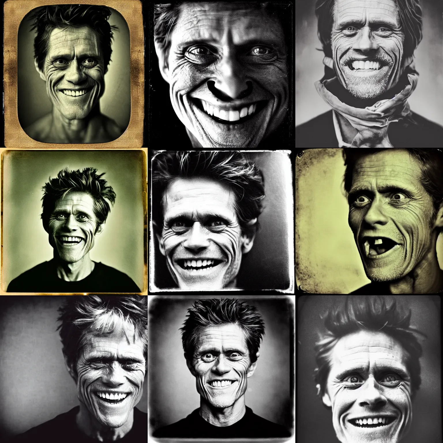 Prompt: !dream a tintype photo of willem dafoe maniacally smiling, deep focus, closeup, dramatic lighting, monochrome, instagram, trending, photograph, film grain and noise, vignette, post-production