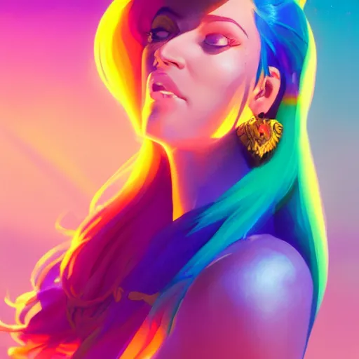 Image similar to beautiful woman with rainbow hair, maya ali mage, gloomhaven, dynamic lighting, gaudy colors, octane render aesthetic, matte painting concept art, official fanart behance hd artstation by jesper ejsing, by rhads and makoto shinkai and lois van baarle and ilya kuvshinov and rossdraws