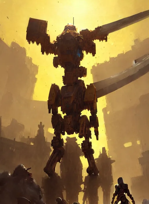 Image similar to human-sized strong intricate yellow pit droid carrying beautiful paladin greatsword and beautiful large paladin shield, pancake short large head, exposed metal bones, painterly humanoid mecha, by Greg Rutkowski