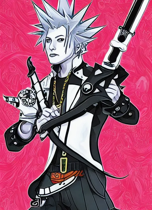 Image similar to elon musk as a kingdom hearts keyblade villain, official square enix hand painted artwork, intricate design, high definition, delicate patterned, fantasy, fashionable rpg clothing