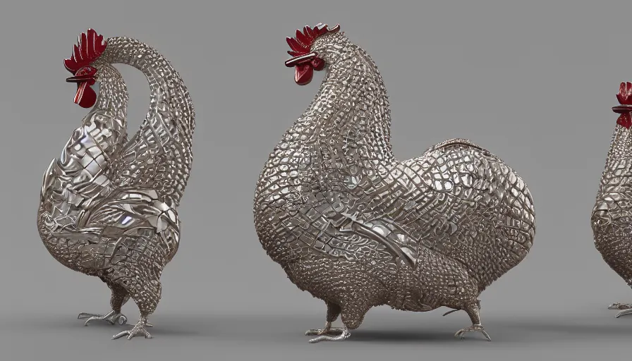 Image similar to rene lalique jewelry design with a rooster, hens, chinckens, intricate, delicate, art nouveau, highly detailed, 3d render, uplight, 8k, unreal engine, octane rendered, wow