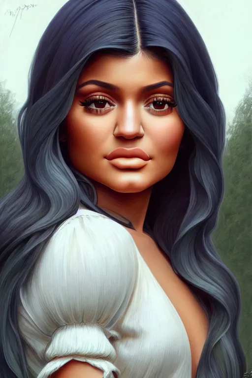 Prompt: clear portrait of kylie jenner, cottagecore!!, background hyper detailed, character concept, full body, dynamic pose, elegant, intricate, highly detailed, digital painting, artstation, concept art, smooth, sharp focus, illustration, art by artgerm and greg rutkowski and alphonse mucha