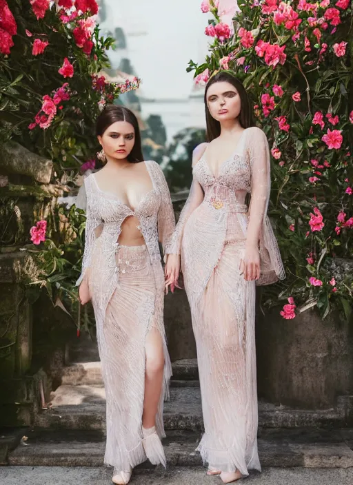 Prompt: portrait of demi rose and charlie grace moretz wearing kebaya in jakarta, by charlotte grimm, natural light, detailed face, beautiful features, symmetrical, canon eos c 3 0 0, ƒ 1. 8, 3 5 mm, 8 k, medium - format print, half body shot