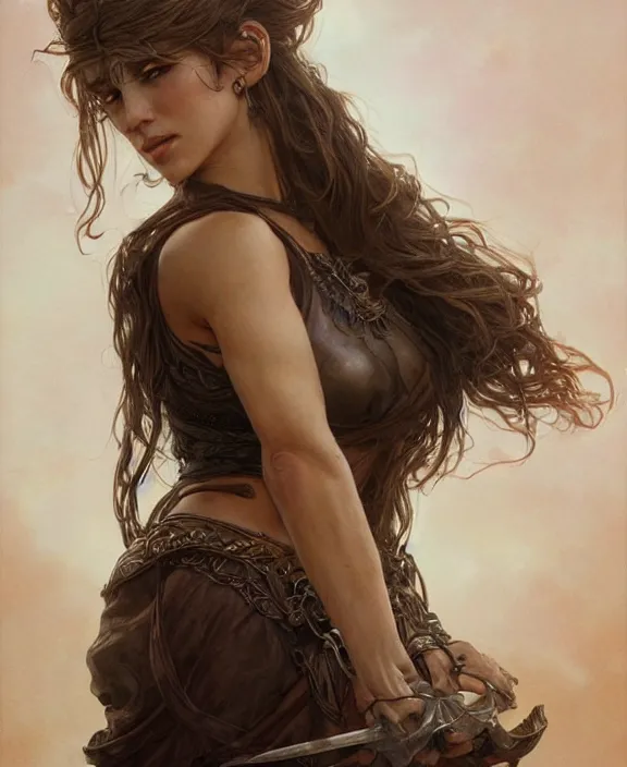 Image similar to portrait of a ruggedly beautiful goddess, soft hair, half body, leather, hairy, d & d, fantasy, intricate, elegant, highly detailed, digital painting, artstation, concept art, smooth, sharp focus, illustration, art by artgerm and greg rutkowski and alphonse mucha