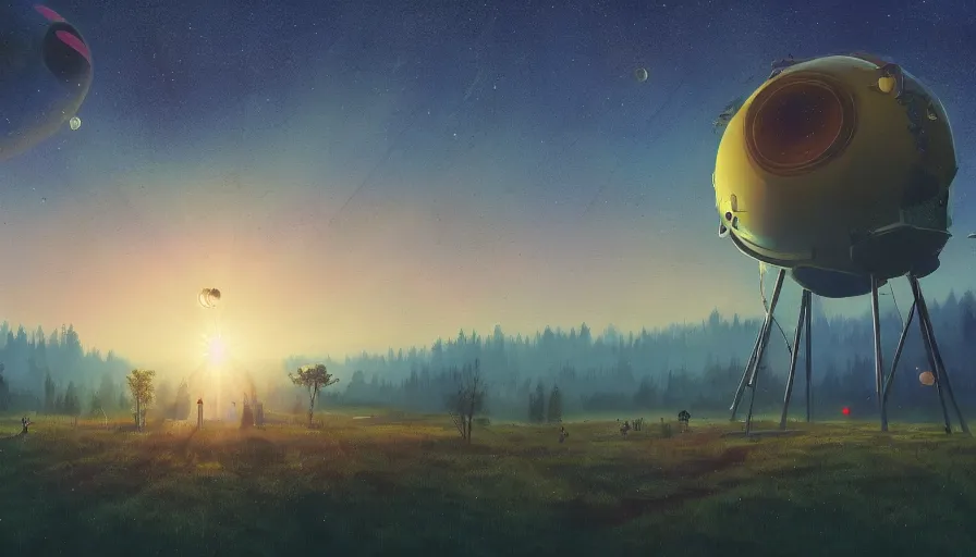 Image similar to space communication dish, sun in the sky, early morning, forest in the background, simon stalenhag