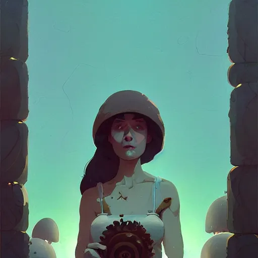 Image similar to portrait of the mushroom goddess by atey ghailan, by greg rutkowski, by simon stalenhag, by greg tocchini, by james gilleard, by joe fenton, by kaethe butcher dynamic lighting, gradient light blue, brown, blonde cream and white color scheme, grunge aesthetic