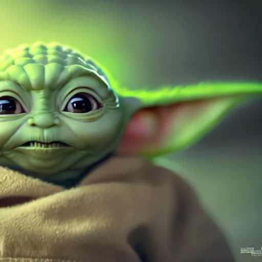 Image similar to full body pose, hyperrealistic photograph of baby yoda with a beard, dim volumetric lighting, 8 k, octane beautifully detailed render, extremely hyper detailed, intricate, epic composition, cinematic lighting, masterpiece, trending on artstation, very very detailed, stunning, hdr, smooth, sharp focus, high resolution, award, winning photo, dslr, 5 0 mm