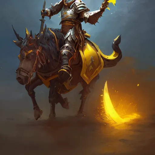 Image similar to a knight riding a horse, sword and shield, yellow theme, bright art masterpiece artstation. 8 k, sharp high quality artwork in style of jose daniel cabrera pena and greg rutkowski, concept art by tooth wu, blizzard warcraft artwork, hearthstone card game artwork, horse rider