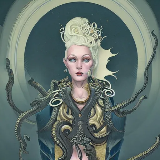 Prompt: portrait of a victorian duke, girl with a stylized sexy with white hair, royal style, elite, gold, art deco, symmetry, octopus, stylized illustration by peter mohrbacher, moebius, victo ngai, vivid colorful comic style, line sleek, diesel punk