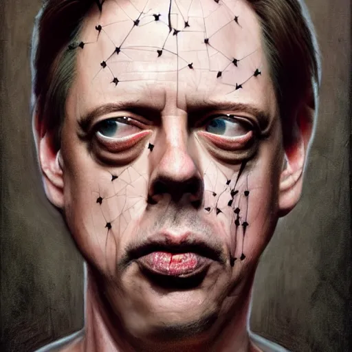 Prompt: hyperrealistic mixed media high resolution painting of Steve Buscemi !!Hellraiser!!, stunning 3d render inspired art by Jamie Salmon and István Sándorfi and Greg Rutkowski, perfect facial symmetry, dim volumetric lighting, 8k octane beautifully detailed render, full body shot, post-processing, extremely hyper-detailed, intricate, epic composition, highly detailed attributes, highly detailed atmosphere, cinematic lighting, masterpiece, trending on artstation, very very detailed, masterpiece, stunning, flawless completion, lifelike texture, perfection,