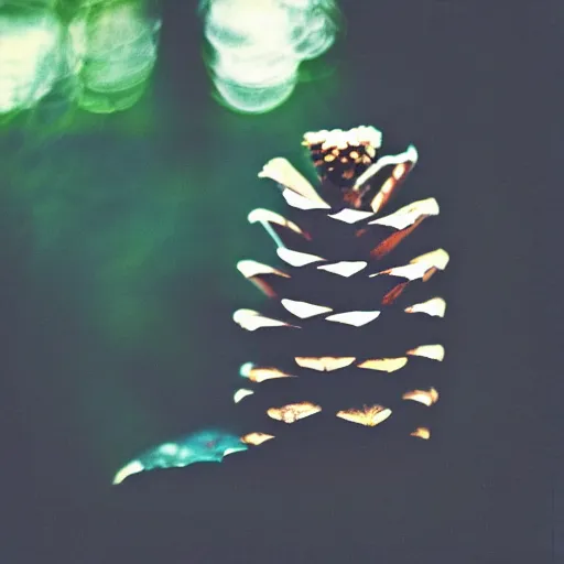 Image similar to polaroid photo of pine cone with human legs, bokeh