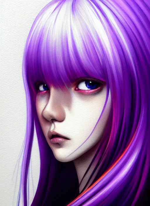 Image similar to hair whitebangs hair, black hair, whitebangs, portrait of teenage girl with white bangs, red irises, purple clothes, white bangs, bangs are different color from hair, intricate, elegant, glowing lights, highly detailed, digital painting, artstation, concept art, smooth, sharp focus, illustration, art by wlop, mars ravelo and greg rutkowski