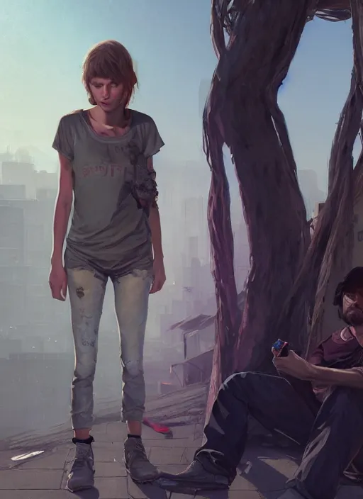 Image similar to Highly detailed full-body portrait of homeless and bruised Taylor Swift, in GTA V, Stephen Bliss, unreal engine, fantasy art by Greg Rutkowski, Loish, Rhads, Makoto Shinkai and Lois van baarle, ilya kuvshinov, rossdraws, Tom Bagshaw, global illumination, radiant light, detailed and intricate environment