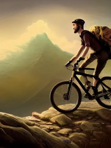 Prompt: handsome man riding a mountain bike in the wild. intricate, elegant, highly detailed, digital painting, artstation, cinematic shot, concept art, sharp focus, illustration, by justin gerard and artgerm, 8 k