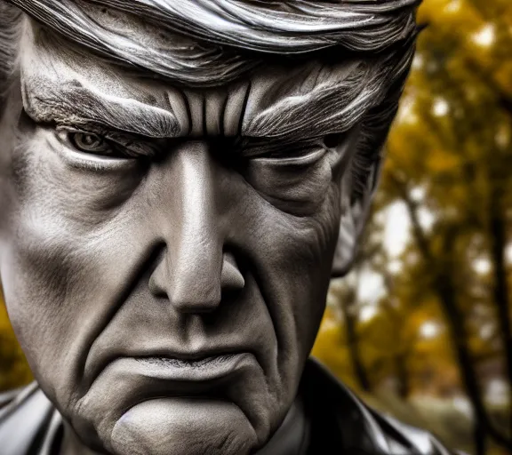 Image similar to award winning 5 5 mm close up portrait photo of trump with a half biomechanical cybernetic face, in a park by luis royo. soft light. sony a 7 r iv