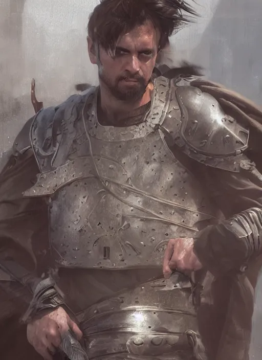 Image similar to medium close up of male medieval warrior walking with weapon on shoulder, brown hair, dirty face, realistic cinematic lighting, photorealistic, reflections, glistening, sweat, greg rutkowski, wlop, ruan jia, artgerm, craig mullins, pixiv, artstation, octane renderer