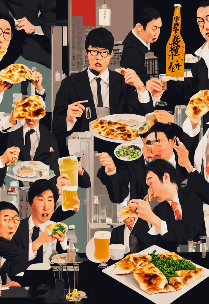 Image similar to businessmen eating gyoza and drinking beer at a nighttime izakaya in shinbashi tokyo, japan, a collage painting, in the style of wes anderson, lola dupre, david hockney, isolated on negative white space background dark monochrome fluorescent neon spraypaint accents volumetric octane render