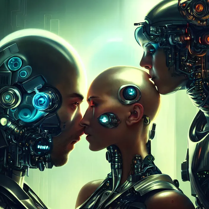 Image similar to ultra realistic medium shot of a couple of cyborgs kissing, lovers, cyberpunk, sci - fi, fantasy, kodak, colour led, soft light, volumetric lighting, night, intricate, highly detailed, digital painting, concept art, smooth, sharp focus, illustration, art by artgerm and greg rutkowski and alphonse mucha