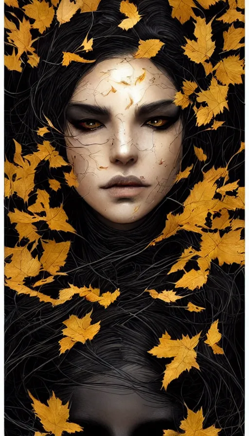 Prompt: black elegant, golden leaves at frame border, creative!!! composition for a book cover!!!, absurdly beautiful, ultrafine hyperrealistic detailed old witch face by wlop and artgerm and greg rutkowski, intricate linework, sharp focus, smooth, octopath traveler, final fantasy, unreal engine, dramatic lighting, ethereal, 8 k