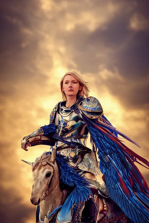 Image similar to realistic detailed photo of ladyhawke, soaring through the sky, blue eyes, woven armour with , intricate complexity, Behance, golden ratio, +fibanci background, vray, rich deep colors
