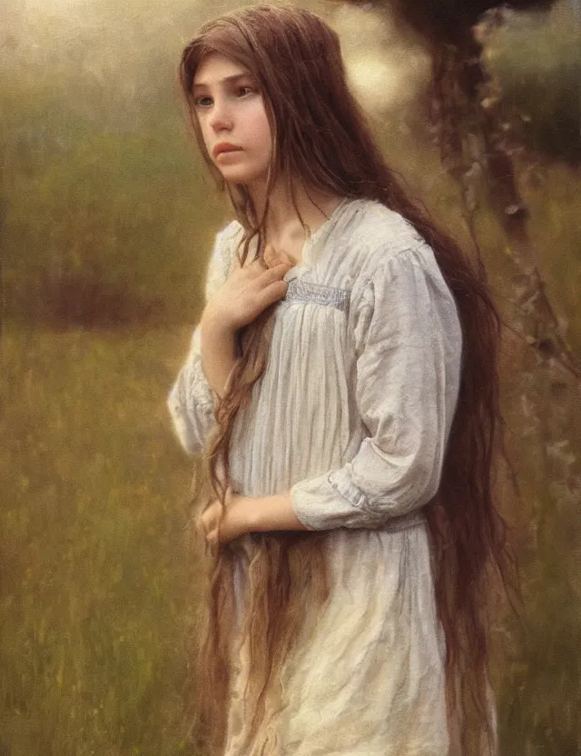 Image similar to shy and modest peasant girl long hair portrait, cottage core, cinematic focus, polaroid photo bleached vintage pastel colors high - key lighting, soft lights, foggy, by steve hanks, by lisa yuskavage, by serov valentin, by tarkovsky, 8 k render, detailed, oil on canvas