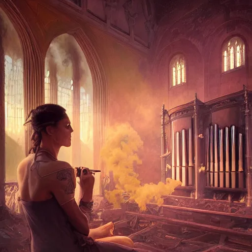 Image similar to portrait of a pipe organ facade surrounded by smoke, battle damage, sunset glow around head, full body portrait, intricate, elegant, highly detailed, digital painting, artstation, concept art, smooth, sharp focus, illustration, art by artgerm and greg rutkowski and alphonse mucha, background is a city in ruins