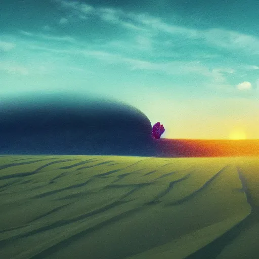 Image similar to closeup giant dahlia flower as a head, a girl walking between dunes, surreal photography, sunrise, blue sky, dramatic light, impressionist painting, digital painting, artstation, simon stalenhag