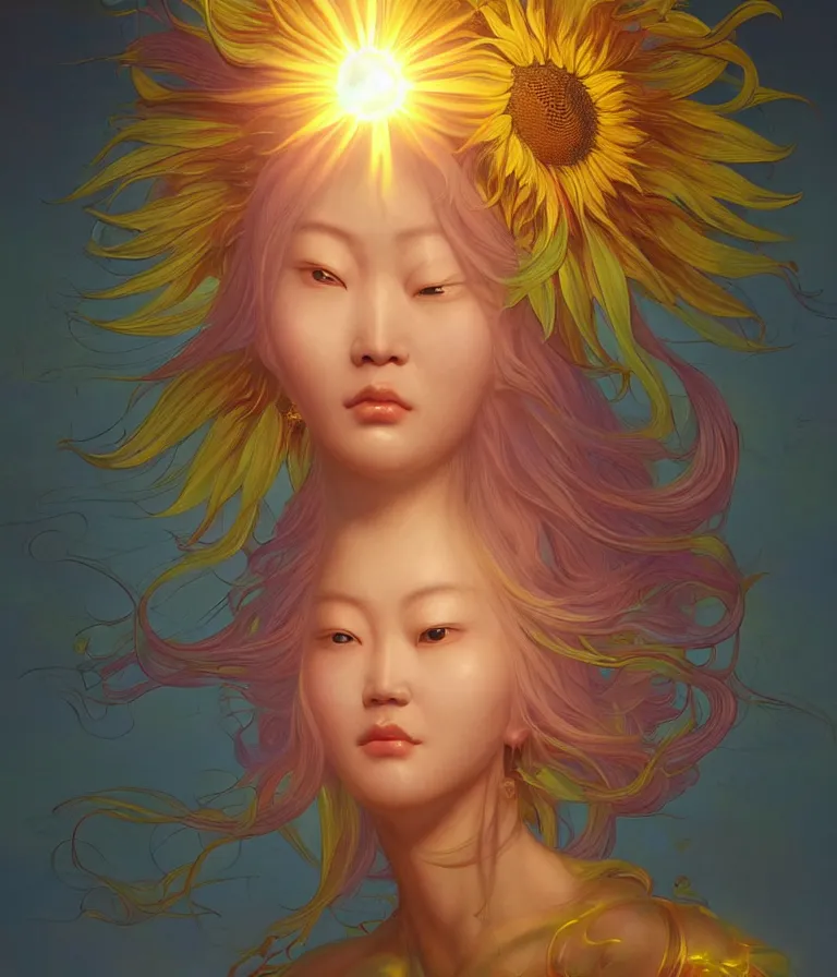 Image similar to iridescent portrait of the sunflower goddess, a Chinese deity that is guided by the sun and brings happiness and light onto the world. hard surface modelling. bio luminescent, halo around the head. neon lighting. artwork by jarold Sng by artgerm, by Eddie Mendoza, by Peter Mohrbacher by Tooth Wu, unreal engine, octane render, cinematic light, high details, iridescent colours, dichroic, macro, 4l