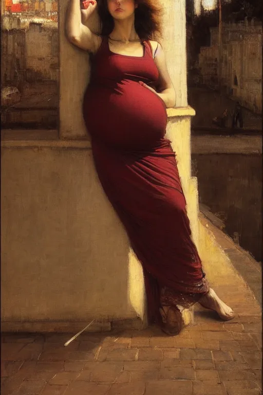 Image similar to pregnant woman under street light by john william waterhouse and Edwin Longsden Long and Theodore Ralli and Nasreddine Dinet, oil on canvas. Cinematic, hyper realism, dramatic lighting, high detail 4k