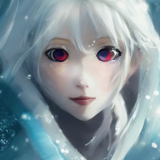 Image similar to white-haired anime girl frozen in an ice floe, intricate, highly detailed, smooth, close-up, artstation, digital illustration by Ruan Jia