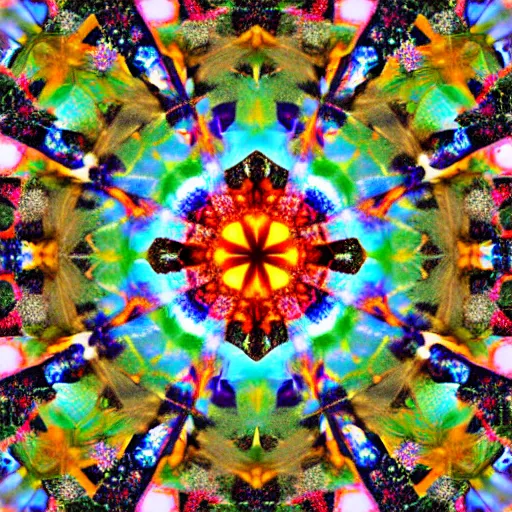 Prompt: A kaleidoscope image that is made up of multiple digital images that have been split into different sections that resemble a single image. Photography.