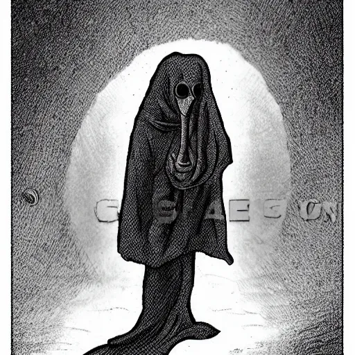 Prompt: SCP-049 is a humanoid entity, roughly 1.9 meters in height, which bears the appearance of a medieval plague doctor. While SCP-049 appears to be wearing the thick robes and the ceramic mask indicative of that profession, the garments instead seem to have grown out of SCP-049's body over time, and are now nearly indistinguishable from whatever form is beneath them.