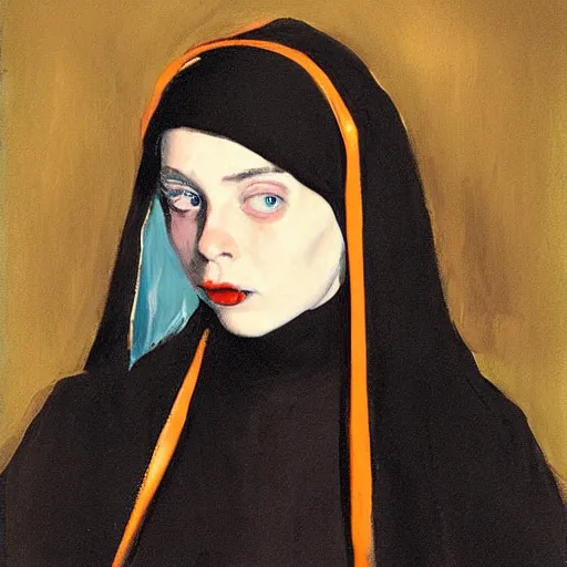 Image similar to Billie Eilish as a nun, painted by Robert Henri