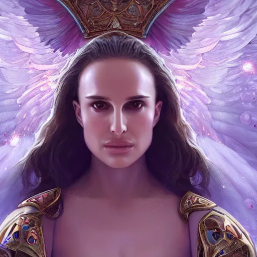 Prompt: cosmic portrait of natalie portman as a holy knight angel, au naturel, hyper detailed, digital art, trending in artstation, cinematic lighting, studio quality, smooth render, unreal engine 5 rendered, octane rendered, art style by klimt and nixeu and ian sprigger and wlop and krenz cushart.