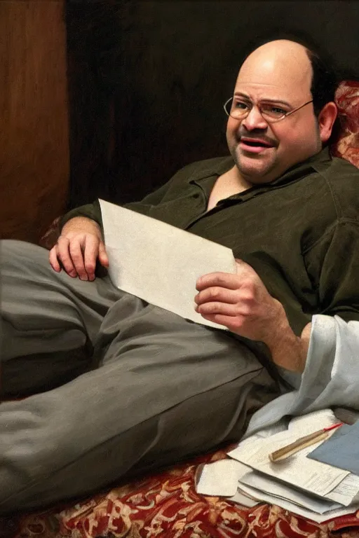 Image similar to jason alexander stubbing his toe as george costanza, oil on canvas, intricate, portrait, 8 k highly professionally detailed, hdr, cgsociety