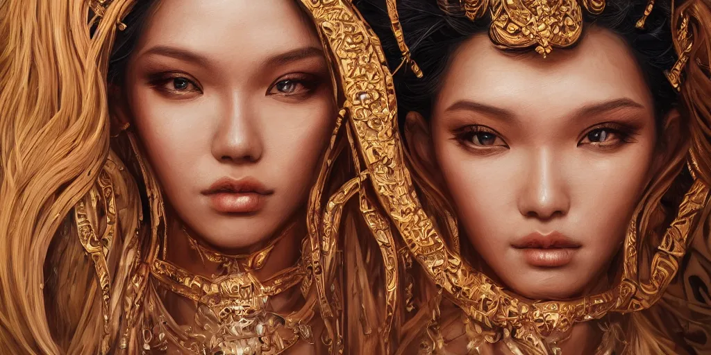 Image similar to Beautiful detailed portrait of an exotic goddess by Nick Silva, Shin JeongHo, Wandah Kurniawan, Symmetrical composition with people centered, realistic proportions, trending on artstation