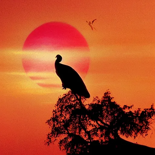 Image similar to red sun over the paradise when the wind is slow and the fire is hot the vulture waits to see what rots