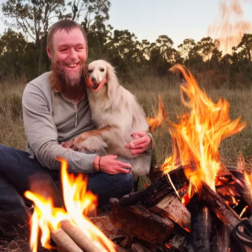 Prompt: picture of a hillbilly with long blonde hair with his australian shepherd around a bonfire
