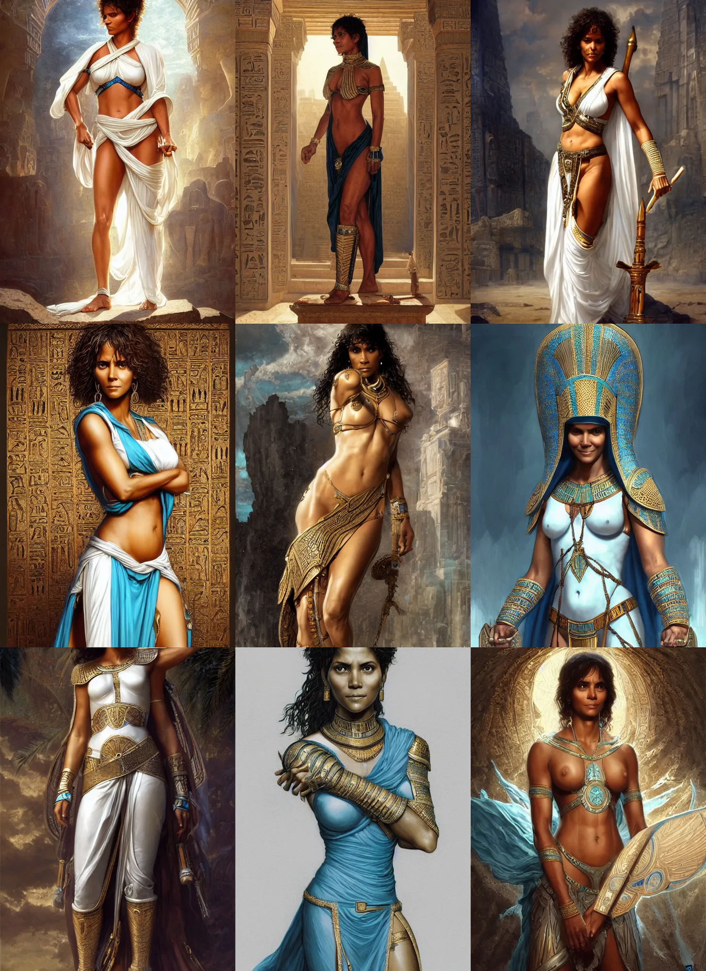 Prompt: halle berry ancient egyptian, white and cyan armor, intricate, elegant, highly detailed, digital painting, artstation, concept art, smooth, sharp focus, illustration, orientalism, edwin long, theodore ralli, aleksi briclot, rutkowski, bouguereau