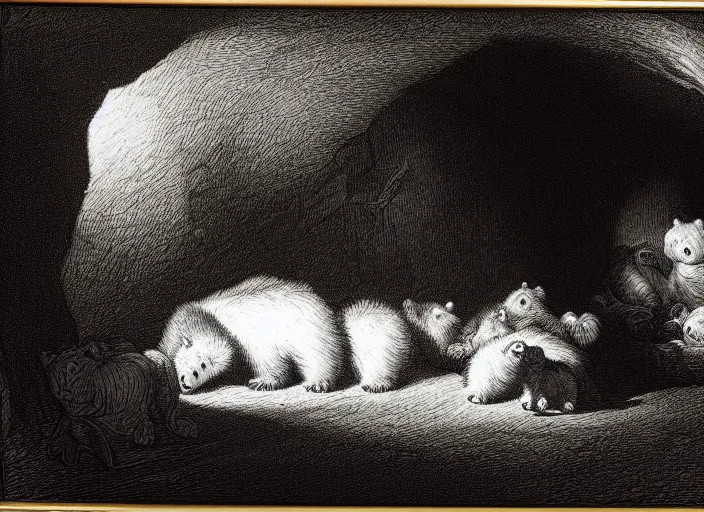 Image similar to Pieter Claesz's 'bear and her cubs sleeping in a dark cave', night time, cross hatching, framed