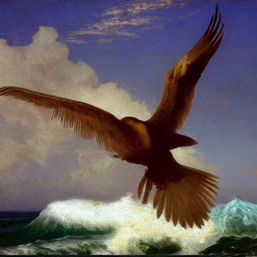 Prompt: huge bird standing in the ocean with clouds covering the bird's head, painting by albert bierstadt, highly detailed