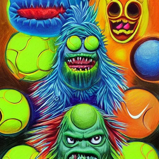 Prompt: a tennis ball monsters cinematic poster, colorful, digital art, fantasy, magic, chalk, trending on artstation, ultra detailed, professional illustration by basil gogos