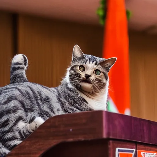 Prompt: cat sitting over a podium on stage addressing bjp karyakarta, ani, sony a 7 r