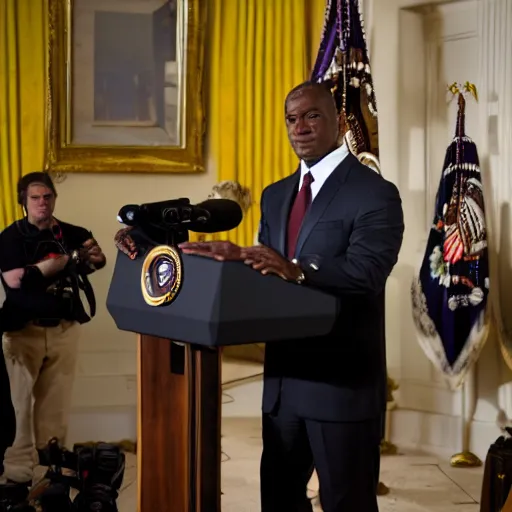 Image similar to president dwayne camacho standing at a podium at the whitehouse press room, portrait photography, 8 k, movie still