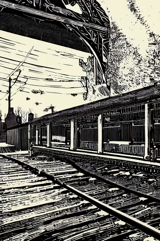 Image similar to a beautiful reduction linocut print on mulberry paper of a victorian station platform, 8 k, frostbite 3 engine, cryengine, dof, trending on artstation, digital art, crepuscular ray, by gail brodholt