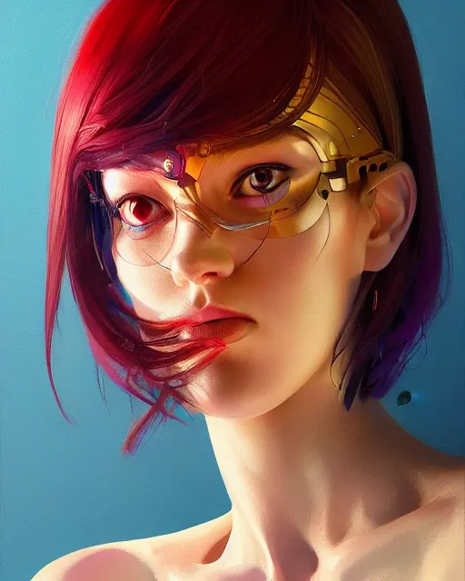 Image similar to half - robot woman with cute - fine - face, pretty face, multicolored hair, realistic shaded perfect face, fine details by realistic shaded lighting poster by ilya kuvshinov katsuhiro otomo, magali villeneuve, artgerm, jeremy lipkin and michael garmash and rob rey